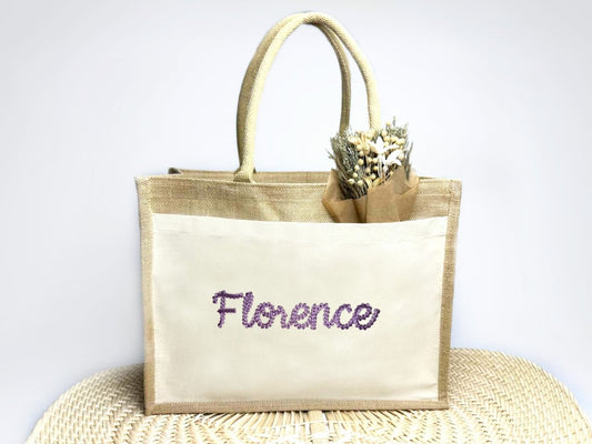 Canvas shopper tas beige met paarse geborduurde sierlijke letters Florence, gepersonaliseerd cadeau accessoire.