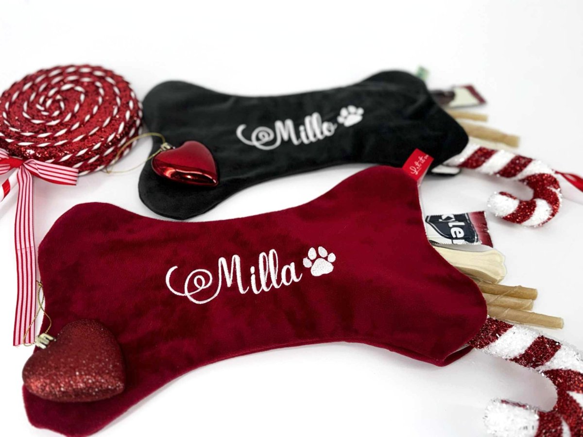 Gepersonaliseerde hondenkerstsok met naam (Snackpakket optioneel) - velvexo