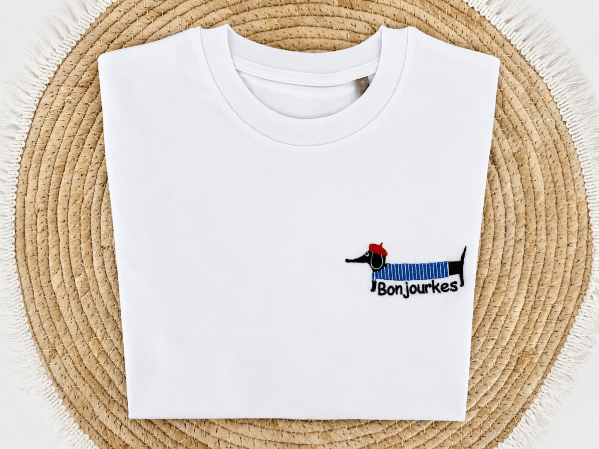 Geborduurde Teckel T-shirt "Bonjourkes" - velvexo