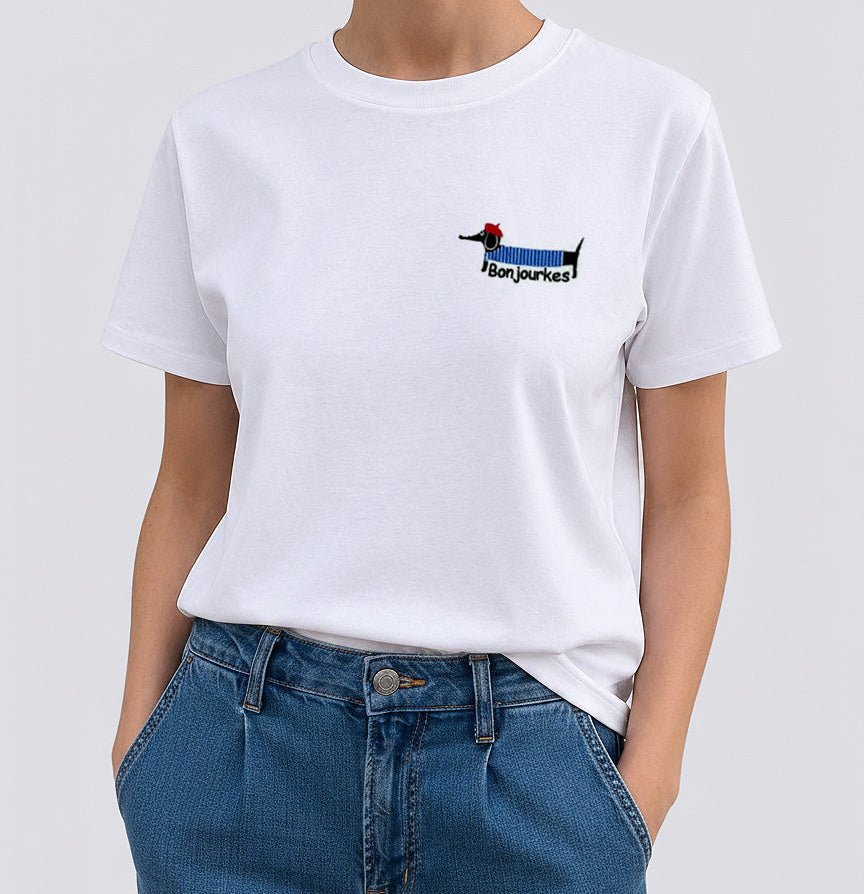 Geborduurde Teckel T-shirt "Bonjourkes" - velvexo