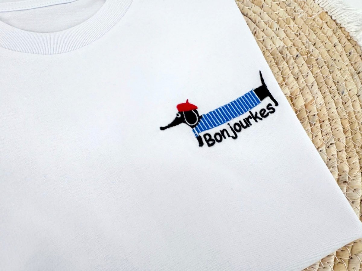 Geborduurde Teckel T-shirt "Bonjourkes" - velvexo