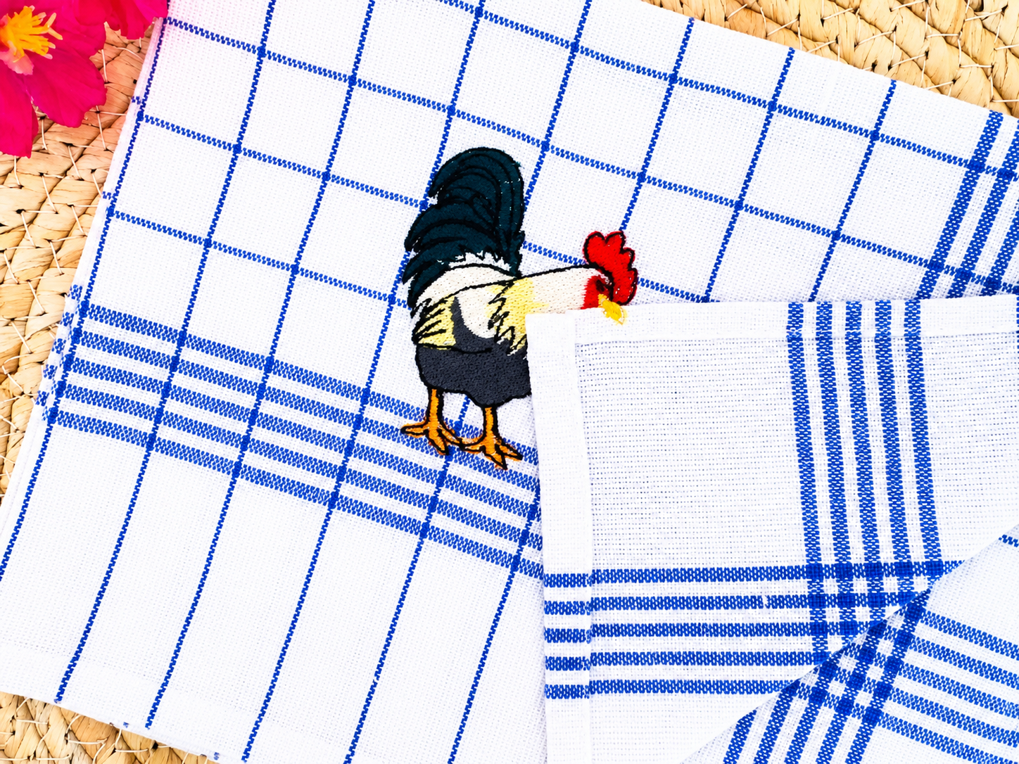 Keukenhanddoek met geborduurde haan