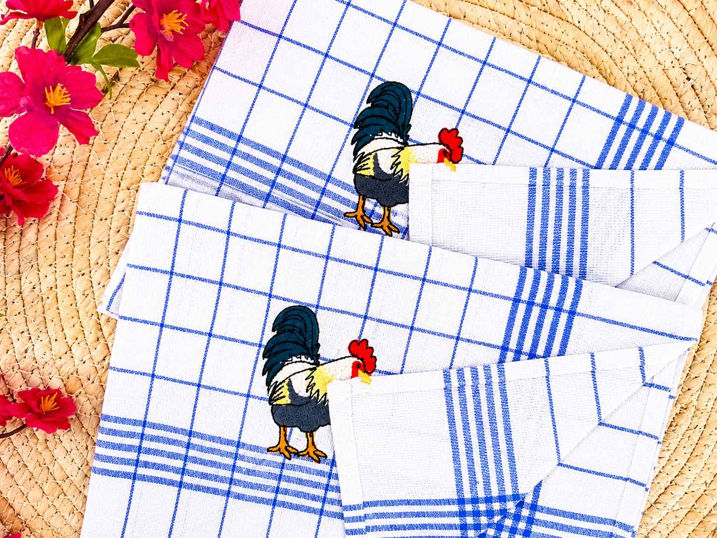Keukenhanddoek met geborduurde haan