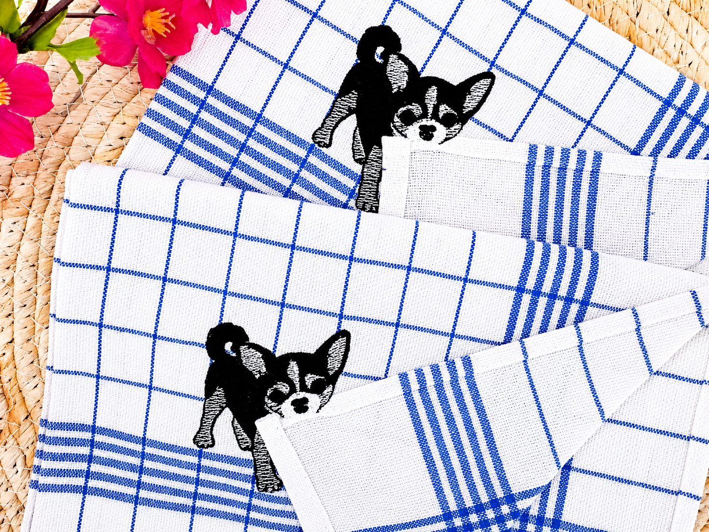 Keukenhanddoek met geborduurde hond