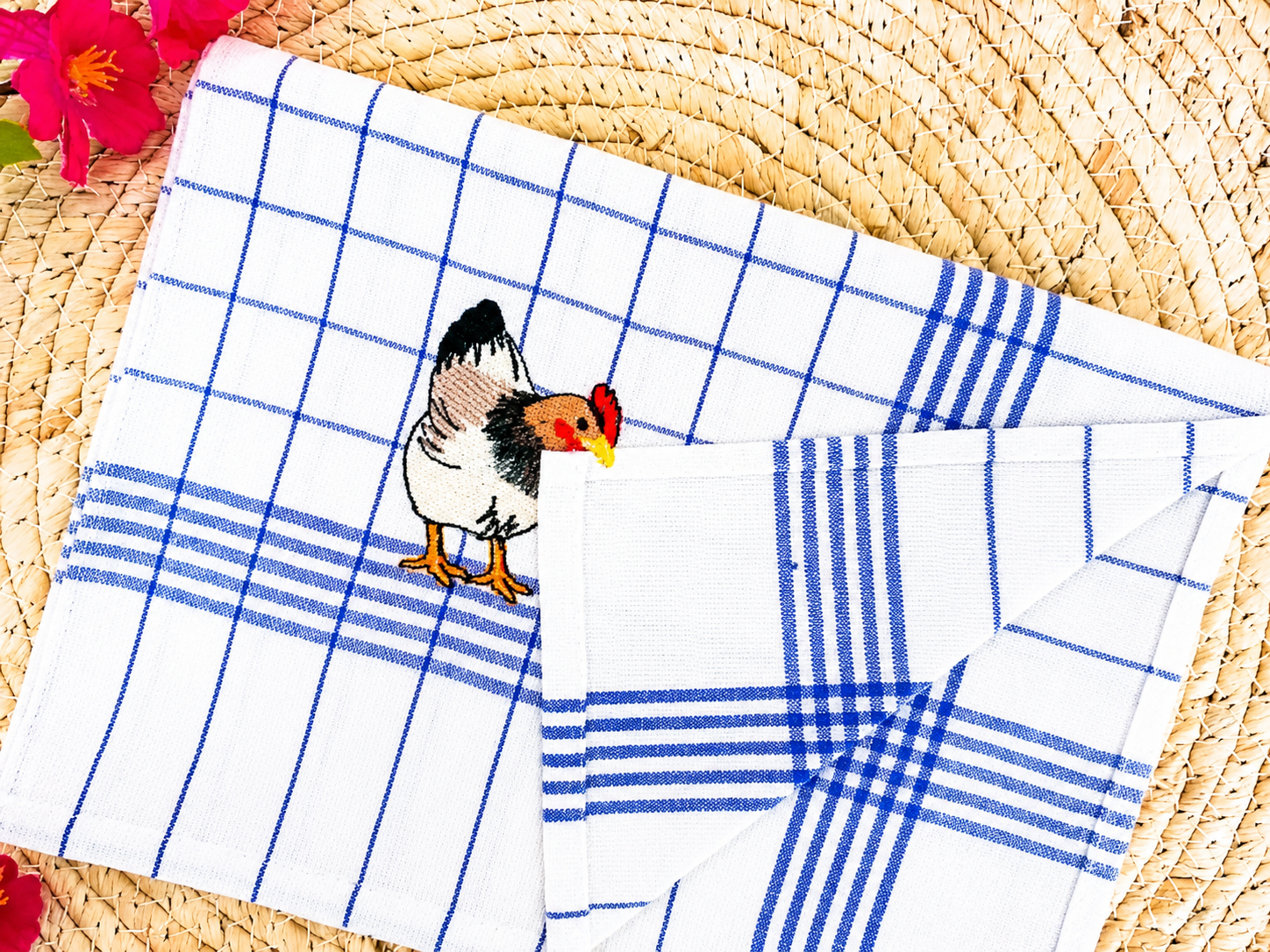Keukenhanddoek met geborduurde kip
