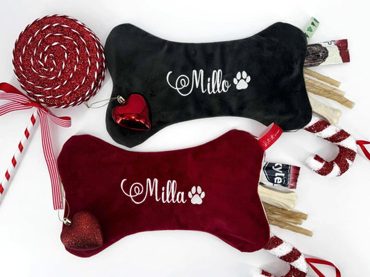 Gepersonaliseerde hondenkerstsok met naam (Snackpakket optioneel) - velvexo