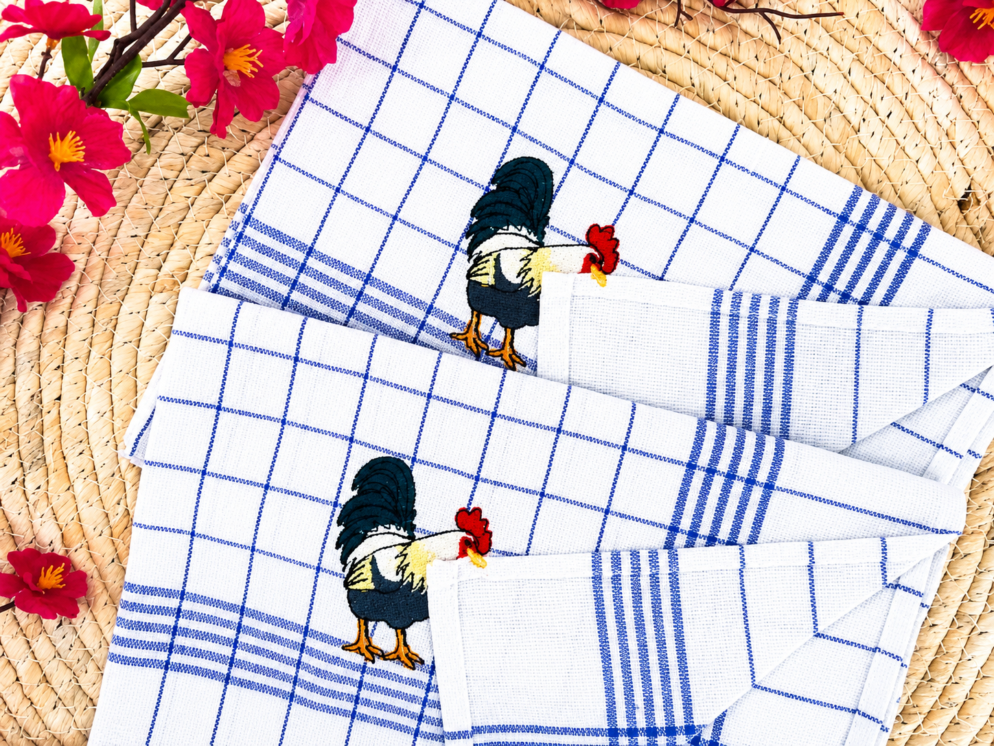 Keukenhanddoek met geborduurde haan