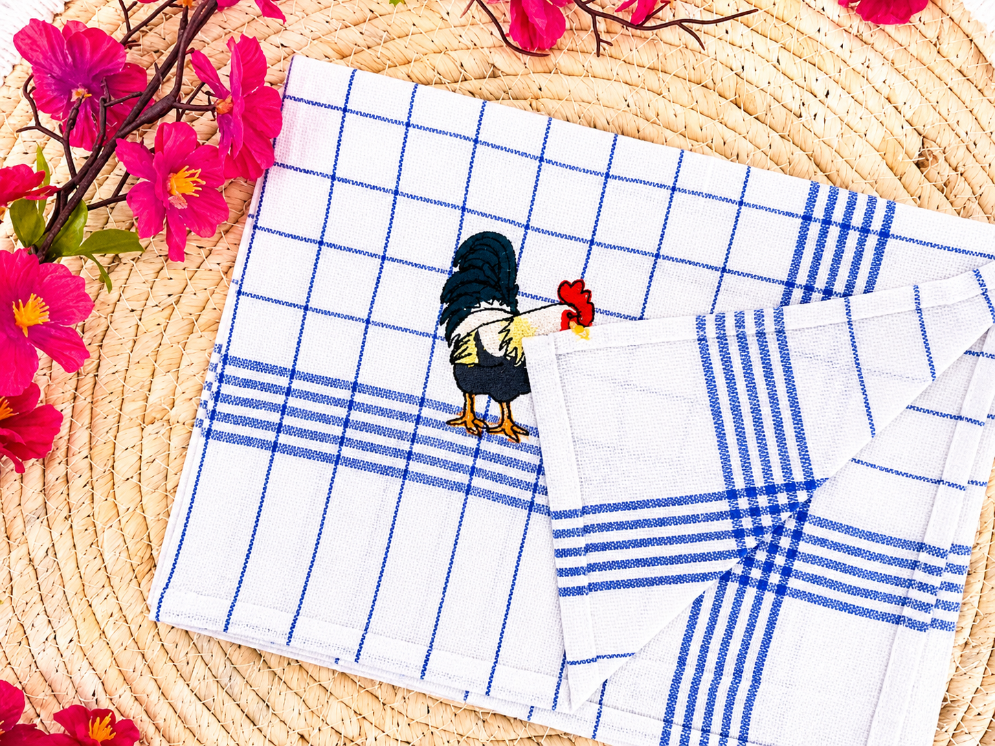 Keukenhanddoek met geborduurde haan
