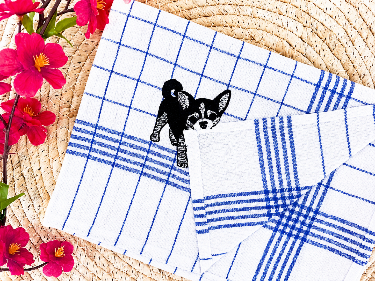 Keukenhanddoek met geborduurde hond