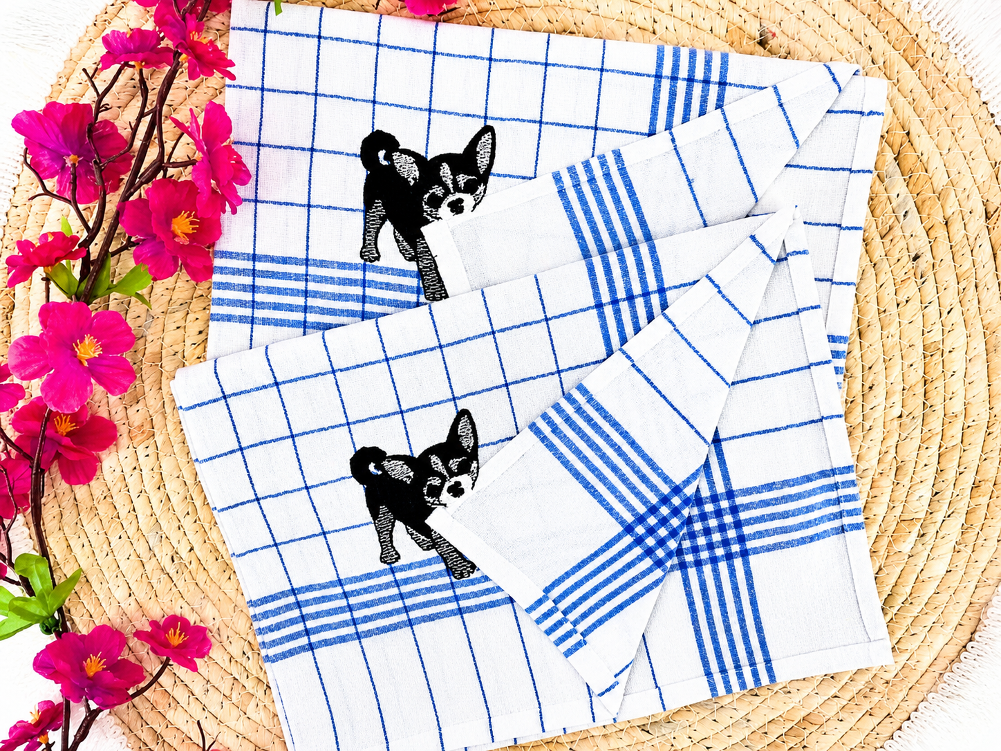 Keukenhanddoek met geborduurde hond