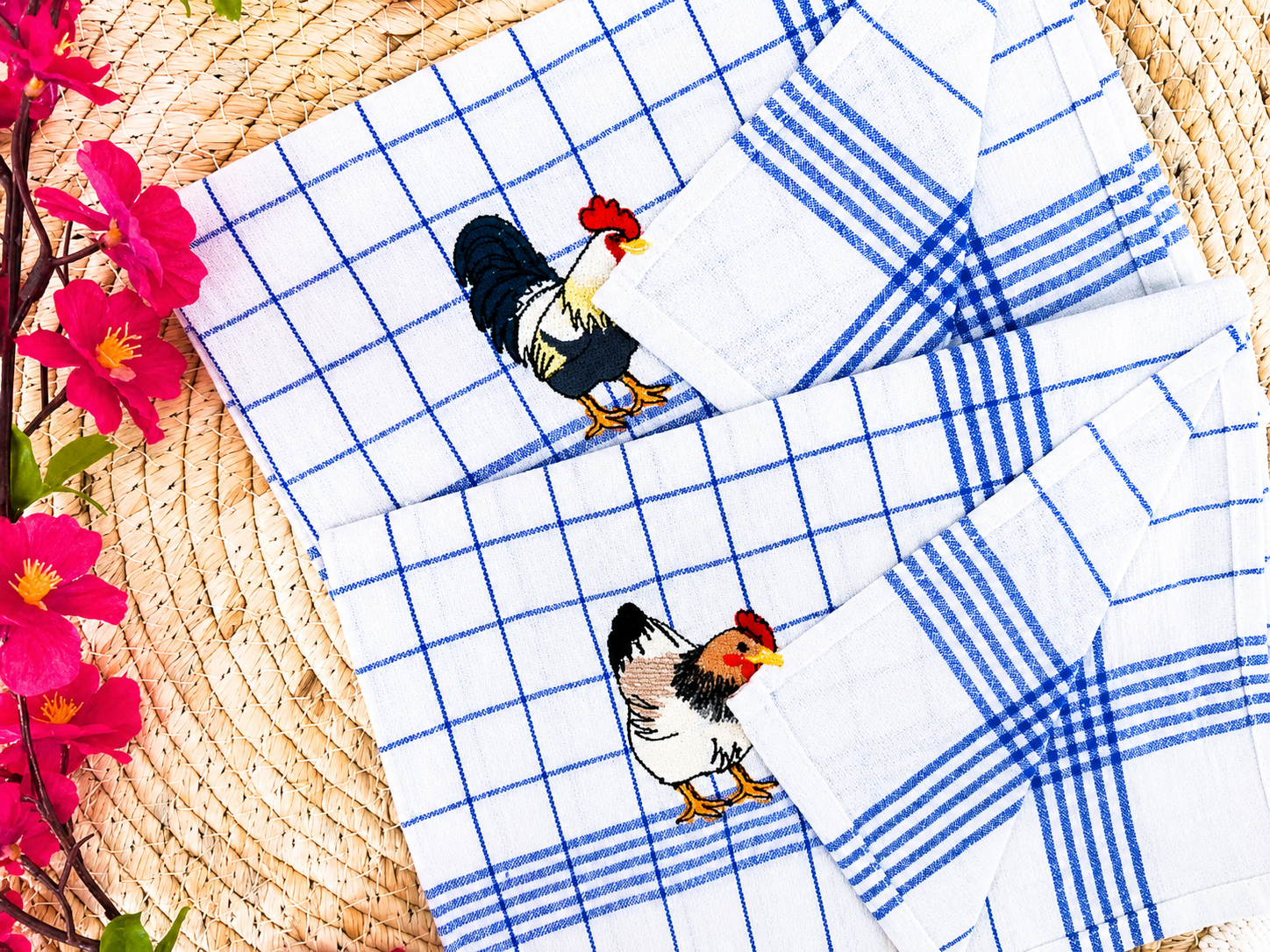 Keukenhanddoek met geborduurde haan