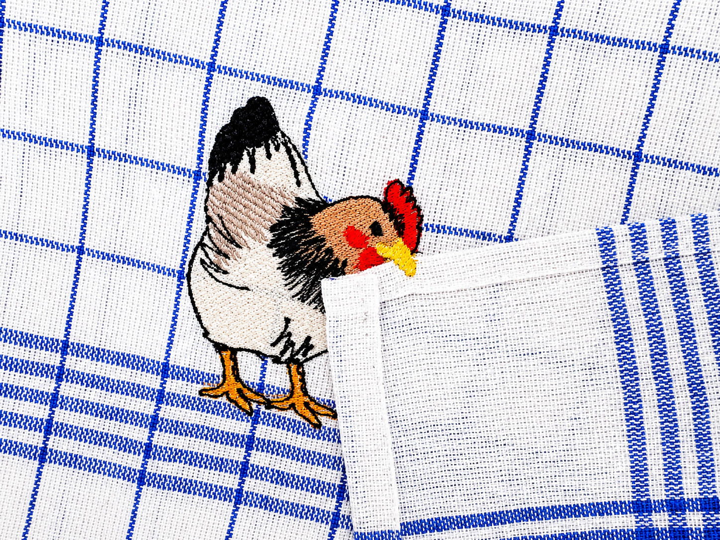 Keukenhanddoek met geborduurde kip