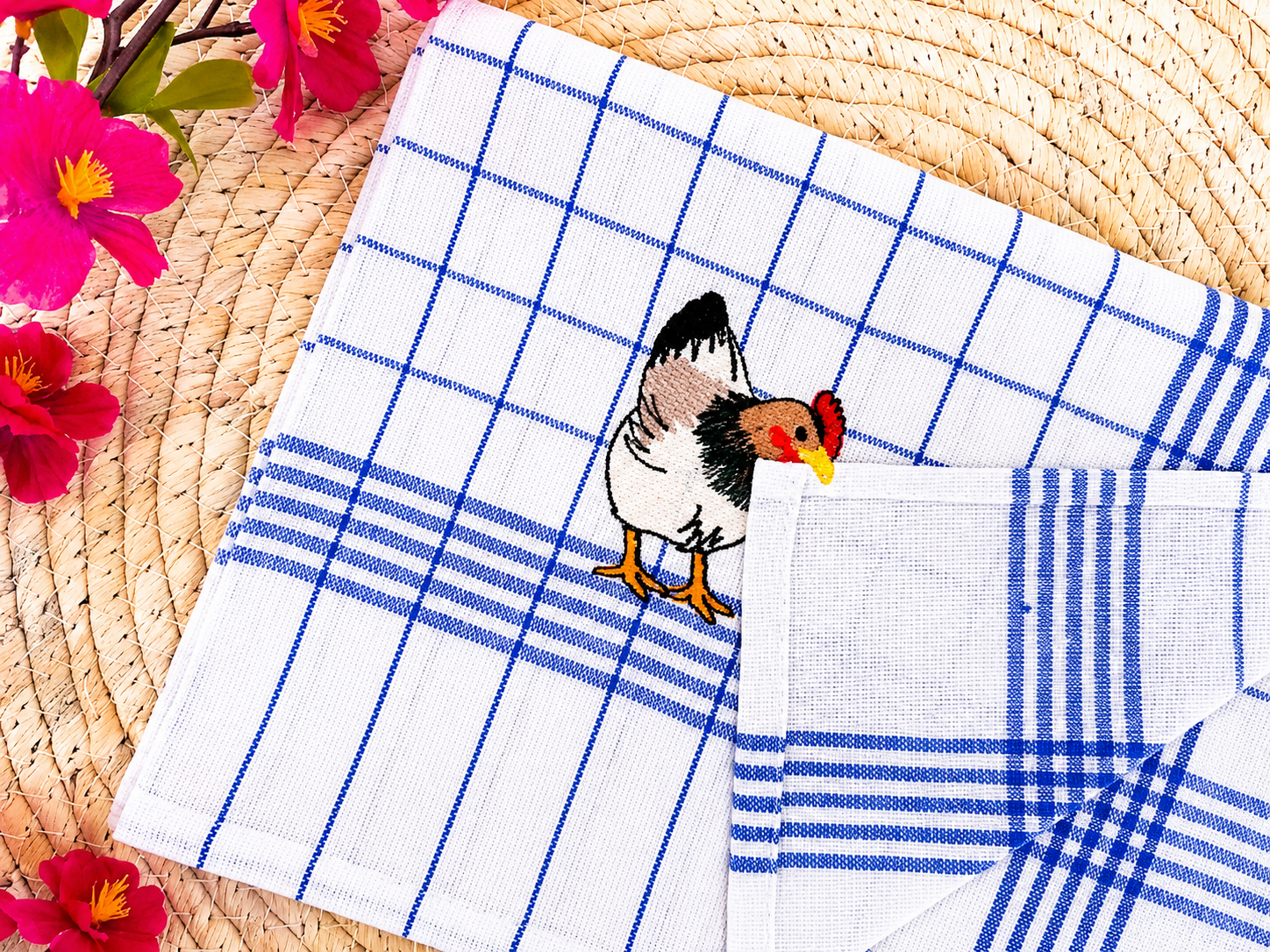 Keukenhanddoek met geborduurde kip