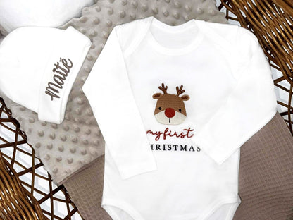 My First Christmas geborduurd baby pakket met romper, muts & handgemaakt deken - velvexo