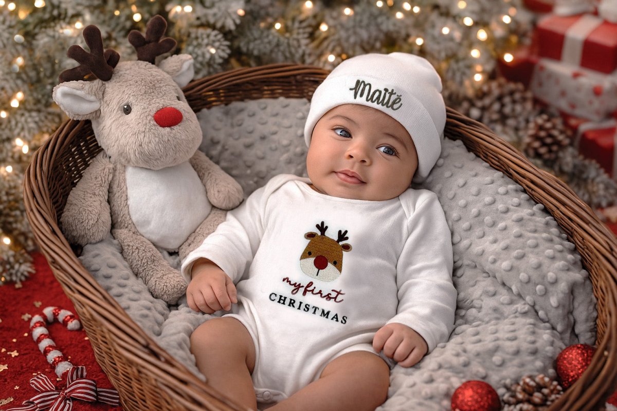 My First Christmas geborduurd baby pakket met romper, muts & handgemaakt deken - velvexo