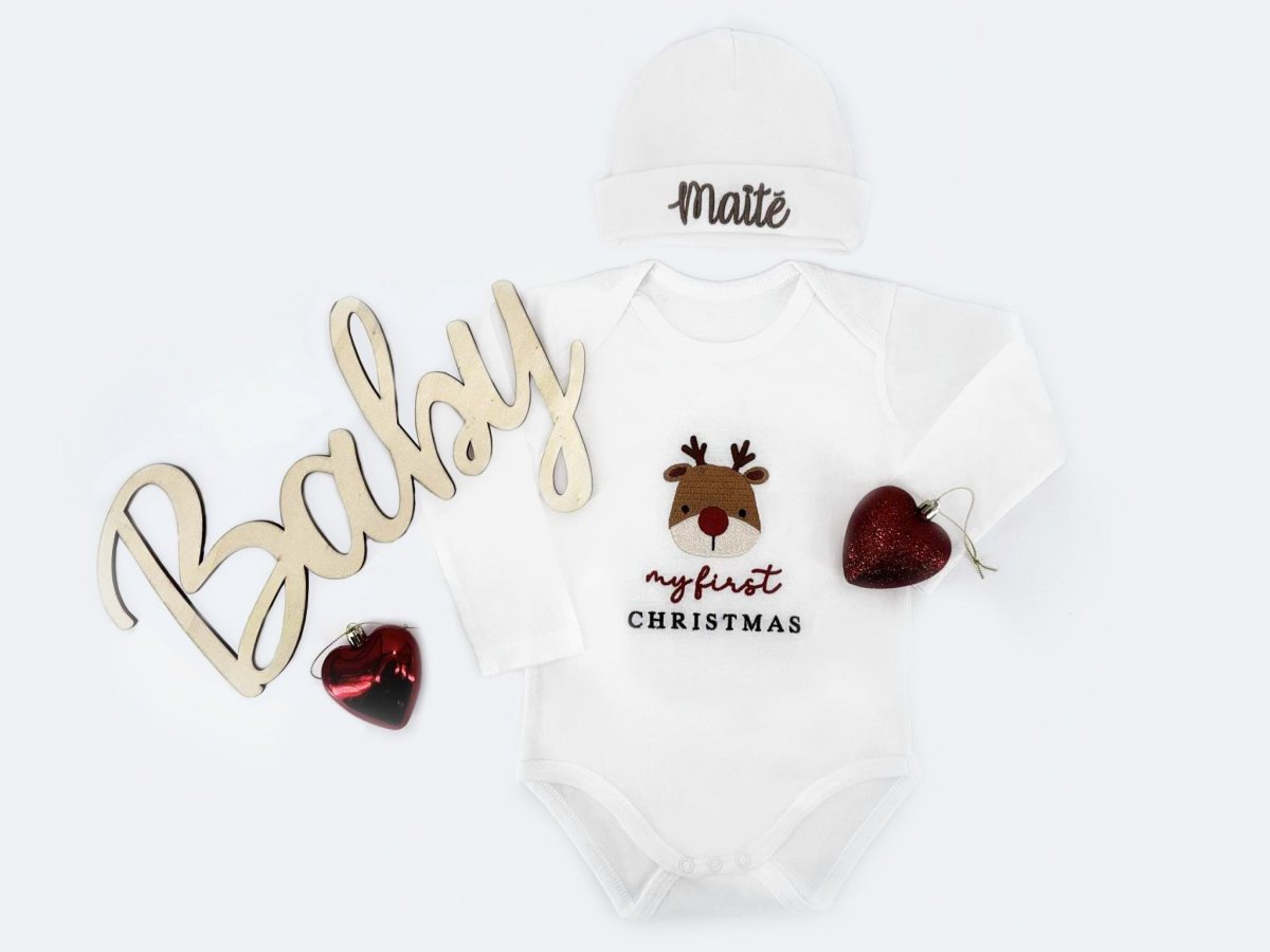 My First Christmas set geborduurd rompertje + mutsje met naam - velvexo